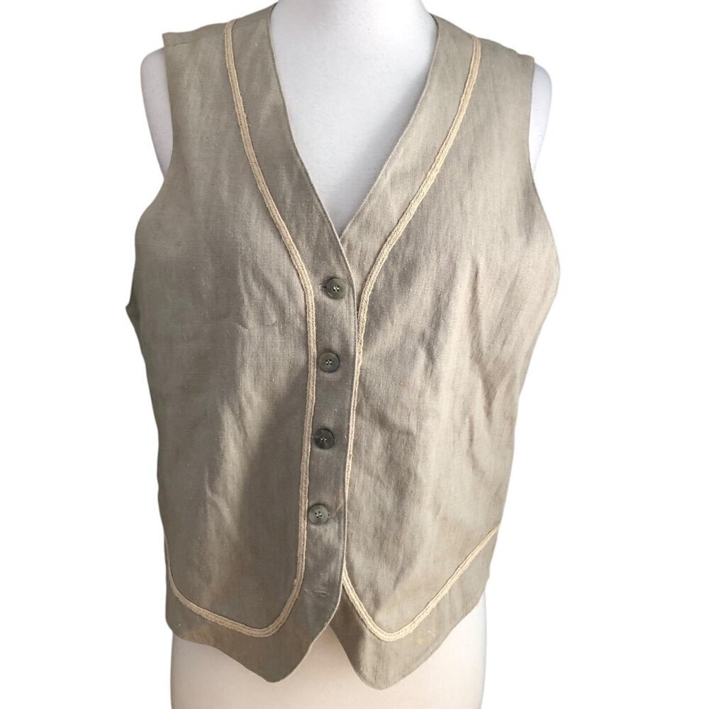 Vintage Lizsport Liz Claiborne Linen Blend Vest Womens size M Tan Embroidery NEW